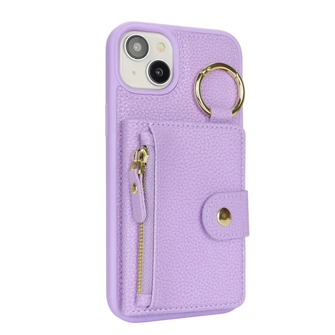 Coque iPhone 15 Simili Cuir Litchi Portefeuille Zippé Anneau Béquille