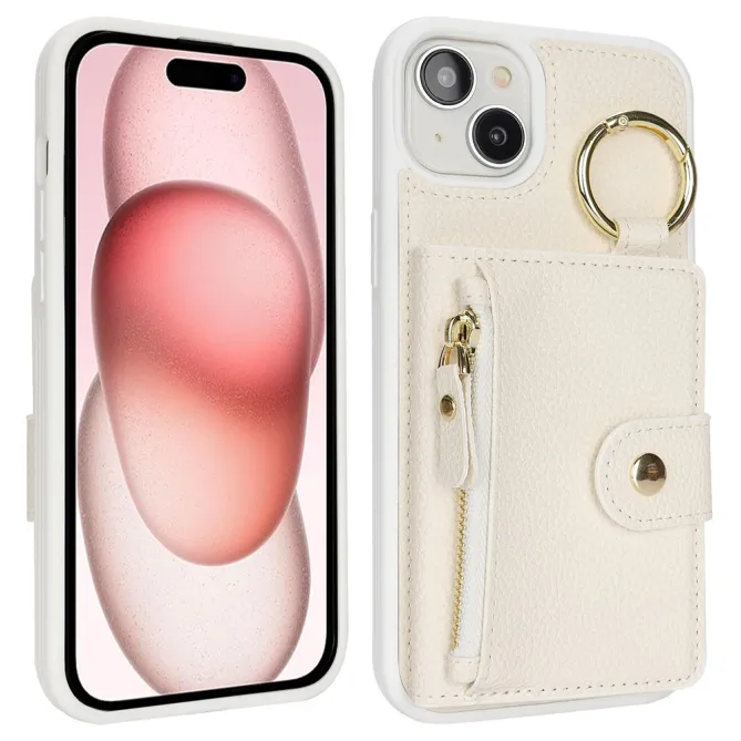 Coque iPhone 15 Simili Cuir Litchi Portefeuille Zippé Anneau Béquille