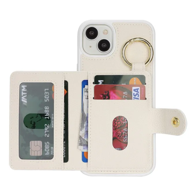 Coque iPhone 15 Simili Cuir Litchi Portefeuille Zippé Anneau Béquille