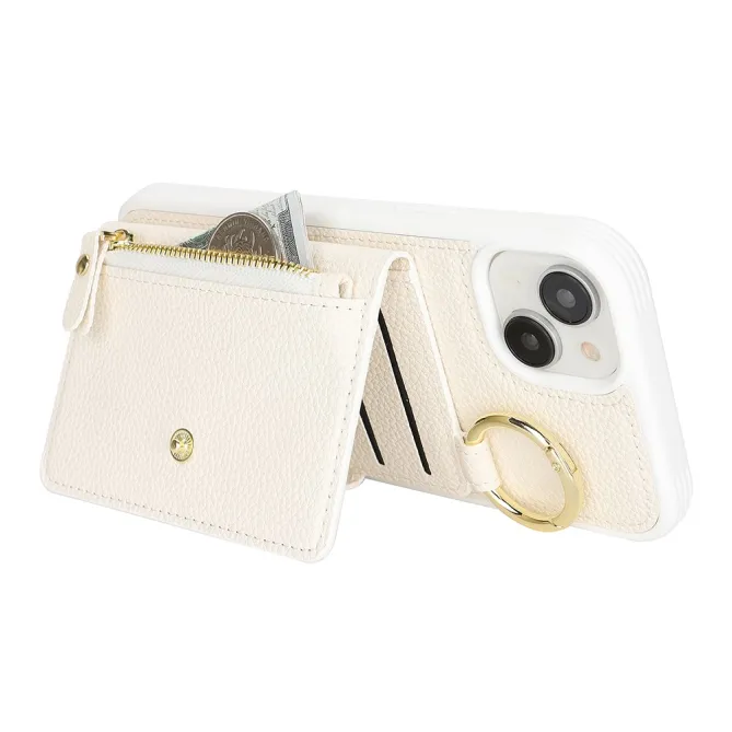 Coque iPhone 15 Simili Cuir Litchi Portefeuille Zippé Anneau Béquille