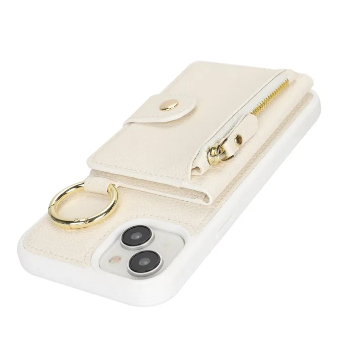 Coque iPhone 15 Simili Cuir Litchi Portefeuille Zippé Anneau Béquille