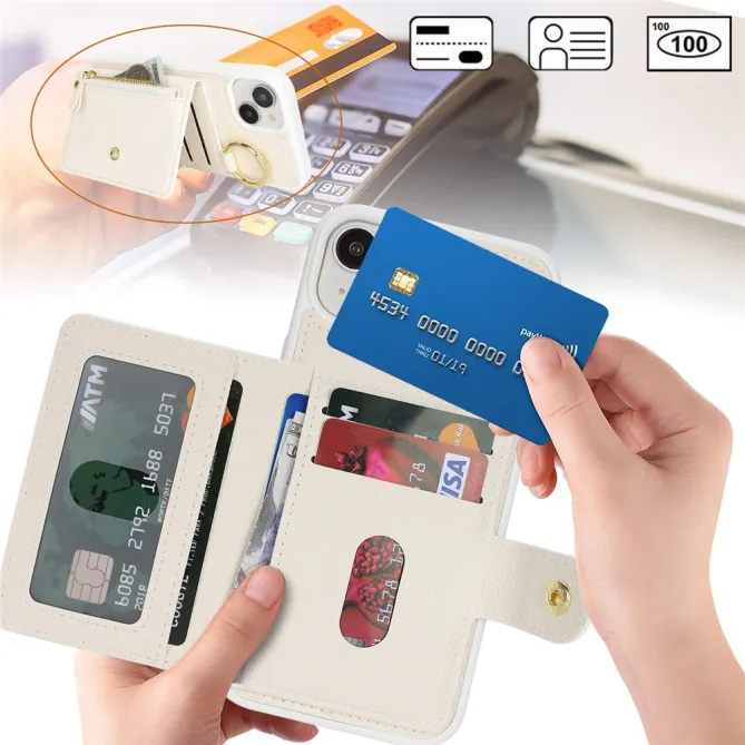 Coque iPhone 15 Simili Cuir Litchi Portefeuille Zippé Anneau Béquille