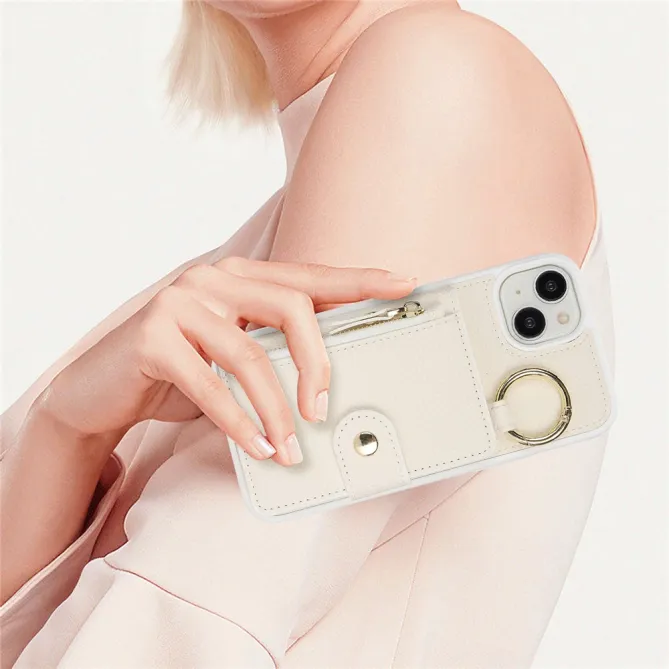 Coque iPhone 15 Simili Cuir Litchi Portefeuille Zippé Anneau Béquille