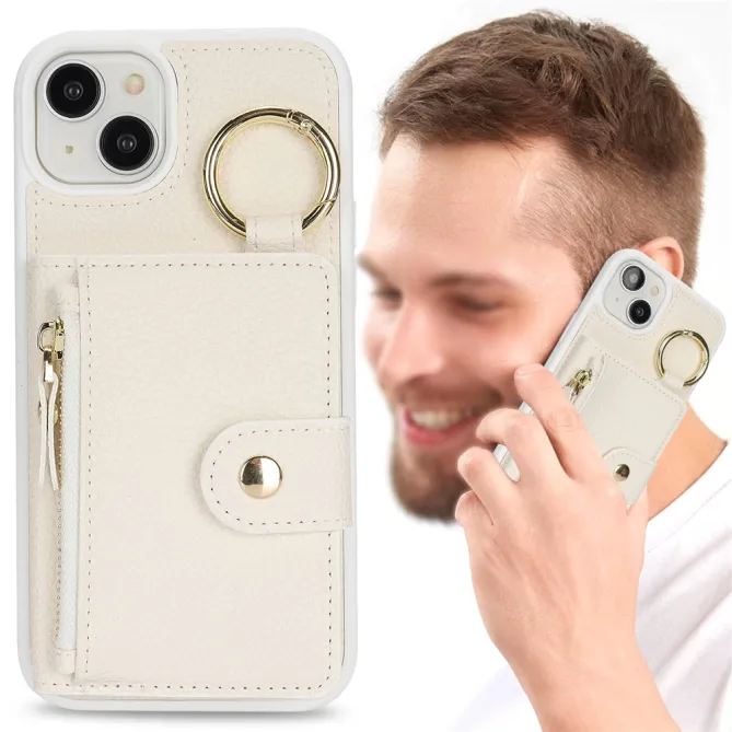 Coque iPhone 15 Simili Cuir Litchi Portefeuille Zippé Anneau Béquille