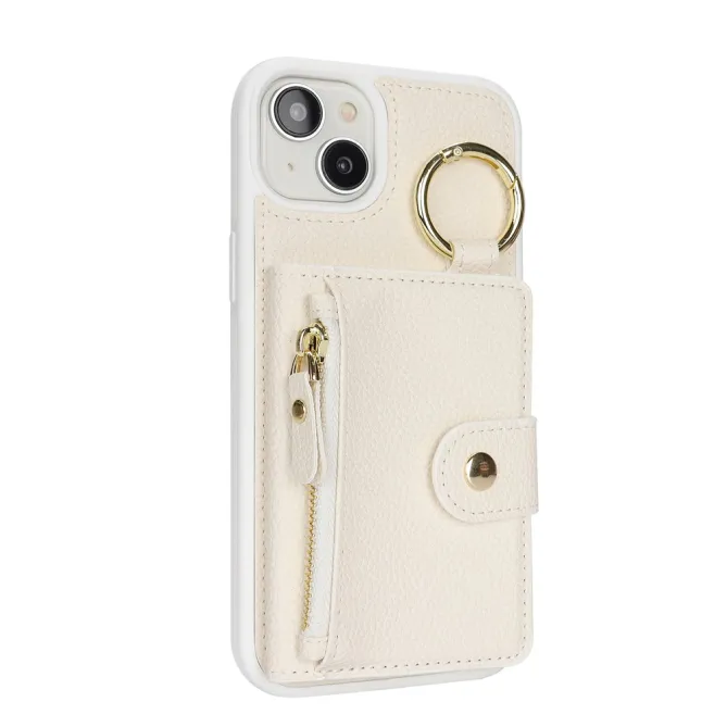 Coque iPhone 15 Simili Cuir Litchi Portefeuille Zippé Anneau Béquille