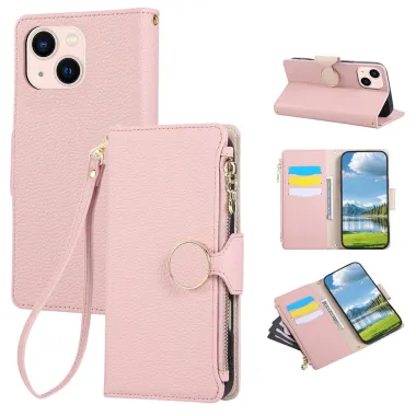 Housse iPhone 15 Portefeuille Zippé Litchi Béquille Dragonne