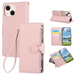 Housse iPhone 15 Portefeuille Zippé Litchi Béquille Dragonne
