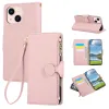 Housse iPhone 15 Portefeuille Zippé Litchi Béquille Dragonne