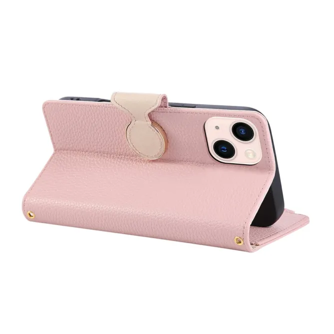 Housse iPhone 15 Portefeuille Zippé Litchi Béquille Dragonne