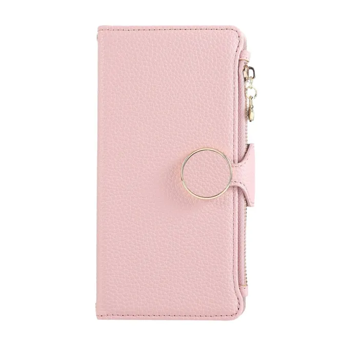 Housse iPhone 15 Portefeuille Zippé Litchi Béquille Dragonne