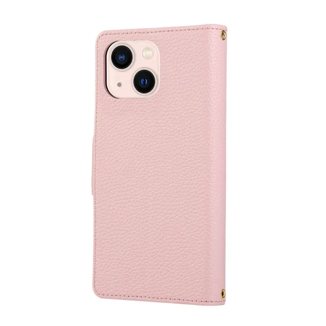Housse iPhone 15 Portefeuille Zippé Litchi Béquille Dragonne
