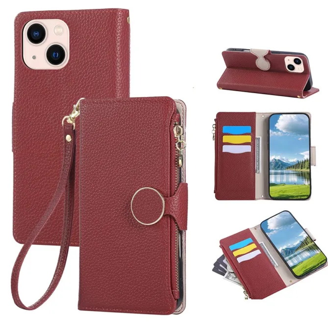 Housse iPhone 15 Portefeuille Zippé Litchi Béquille Dragonne