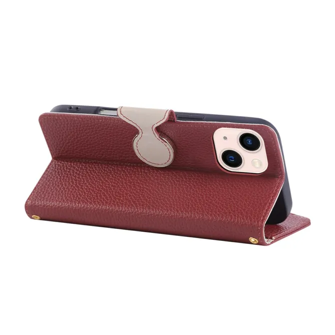 Housse iPhone 15 Portefeuille Zippé Litchi Béquille Dragonne