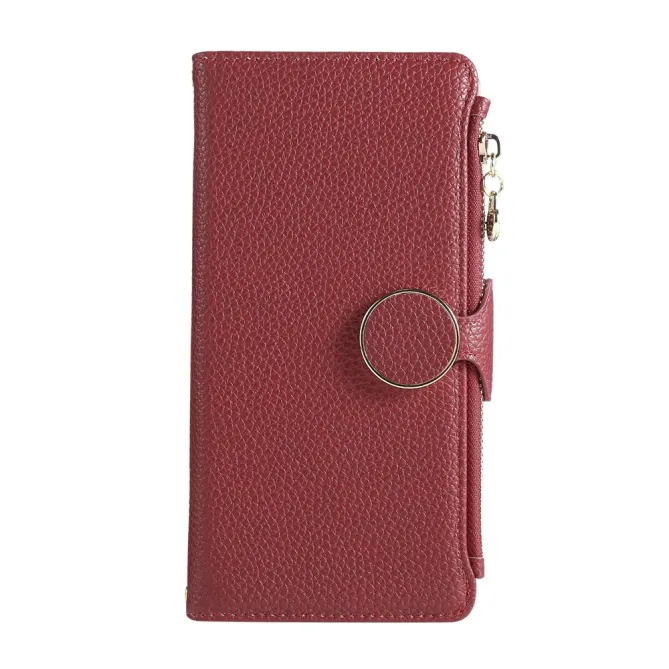 Housse iPhone 15 Portefeuille Zippé Litchi Béquille Dragonne