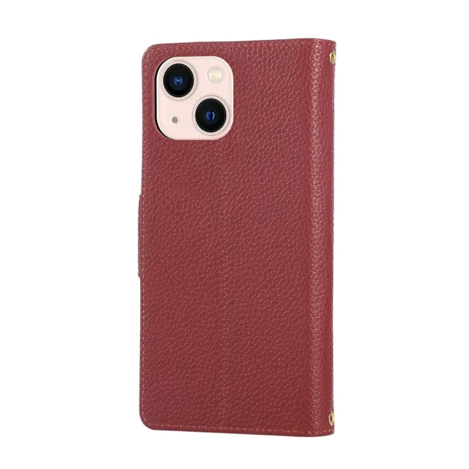 Housse iPhone 15 Portefeuille Zippé Litchi Béquille Dragonne