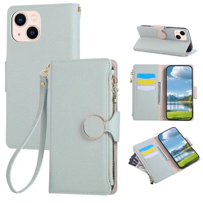 Housse iPhone 15 Portefeuille Zippé Litchi Béquille Dragonne
