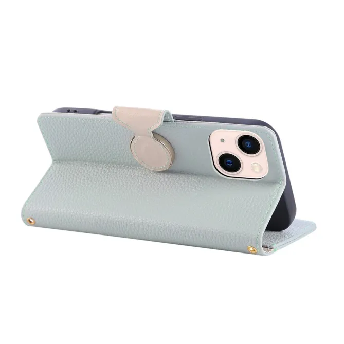Housse iPhone 15 Portefeuille Zippé Litchi Béquille Dragonne