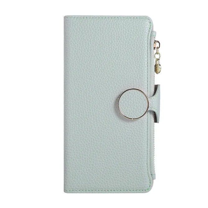 Housse iPhone 15 Portefeuille Zippé Litchi Béquille Dragonne