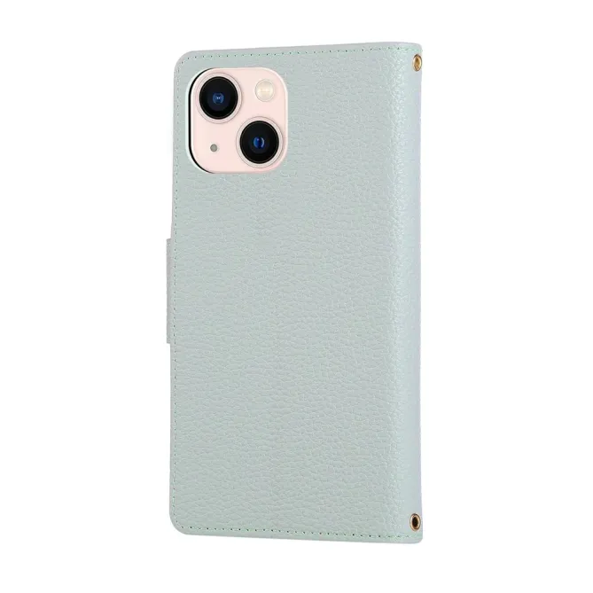 Housse iPhone 15 Portefeuille Zippé Litchi Béquille Dragonne