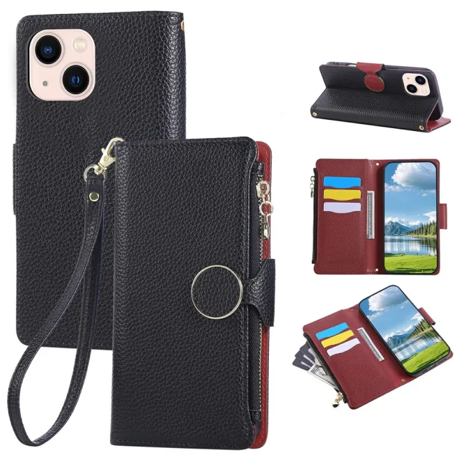 Housse iPhone 15 Portefeuille Zippé Litchi Béquille Dragonne