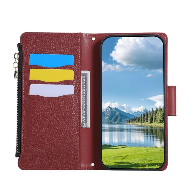 Housse iPhone 15 Portefeuille Zippé Litchi Béquille Dragonne