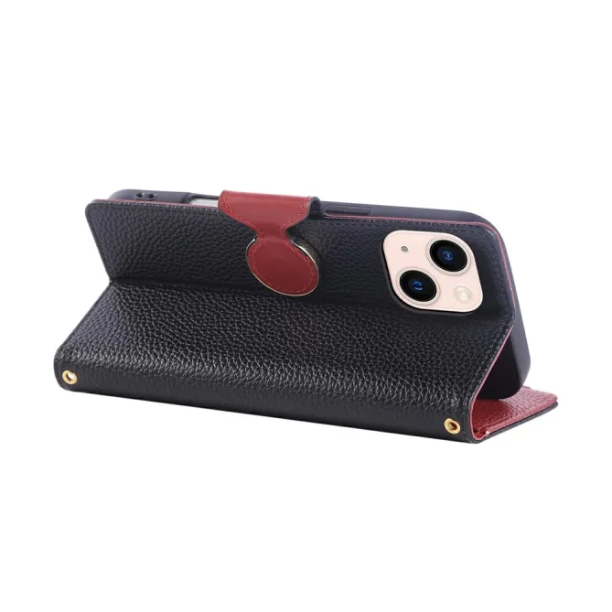 Housse iPhone 15 Portefeuille Zippé Litchi Béquille Dragonne