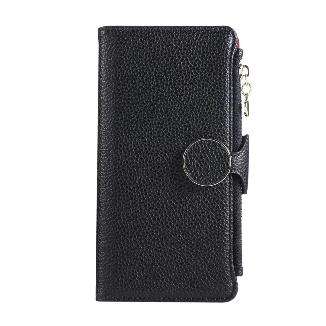 Housse iPhone 15 Portefeuille Zippé Litchi Béquille Dragonne
