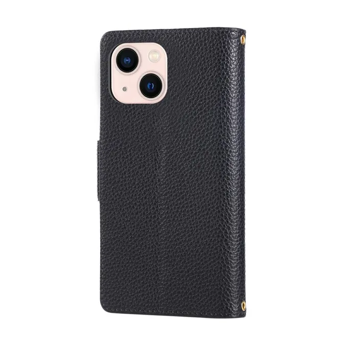 Housse iPhone 15 Portefeuille Zippé Litchi Béquille Dragonne