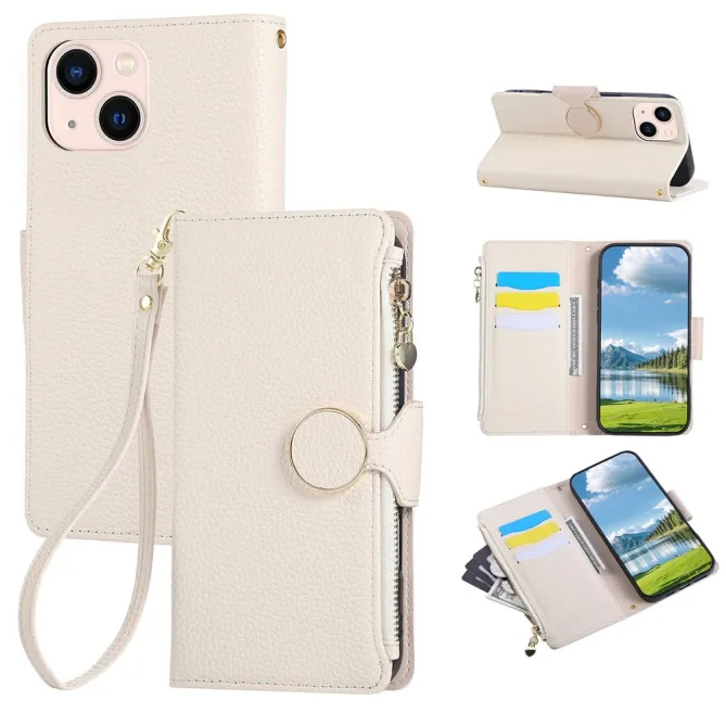 Housse iPhone 15 Portefeuille Zippé Litchi Béquille Dragonne