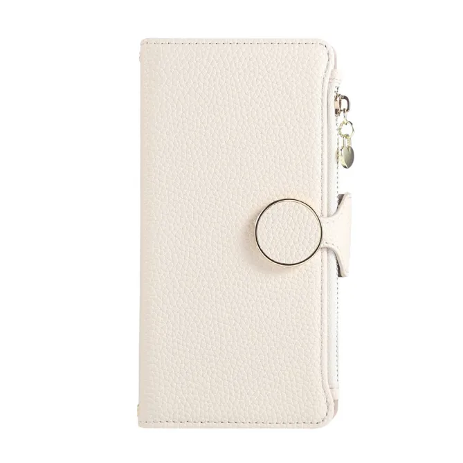 Housse iPhone 15 Portefeuille Zippé Litchi Béquille Dragonne