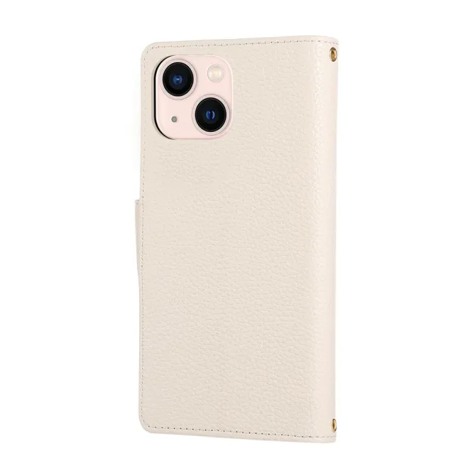 Housse iPhone 15 Portefeuille Zippé Litchi Béquille Dragonne