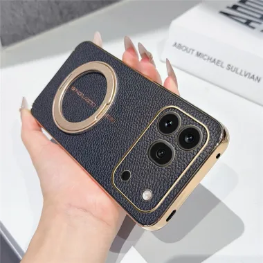 Coque Honor 600 Pro simili cuir litchi anneau métallique