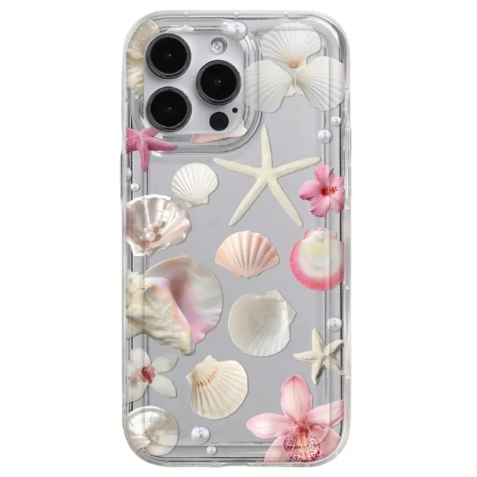 Coque iPhone 16 Plus transparente motif coquillages étoiles de mer et fleurs