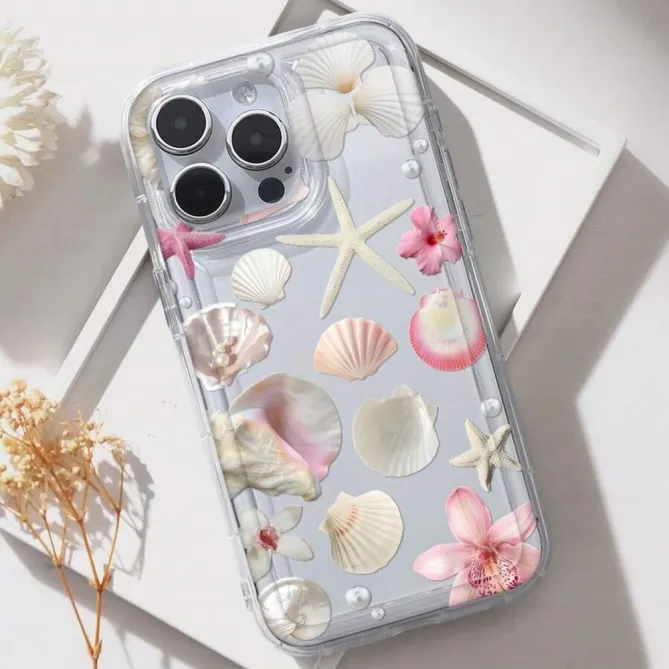 Coque iPhone 16 Plus transparente motif coquillages étoiles de mer et fleurs