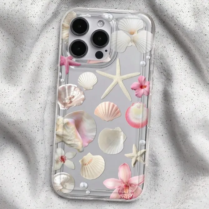 Coque iPhone 16 Plus transparente motif coquillages étoiles de mer et fleurs