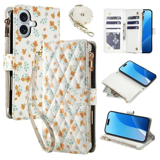 Housse iPhone 16 Plus motif floral matelassé zippée avec bandoulière