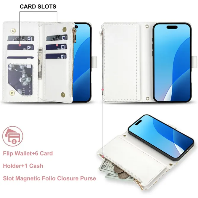 Housse iPhone 16 Plus motif floral matelassé zippée avec bandoulière