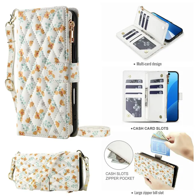 Housse iPhone 16 Plus motif floral matelassé zippée avec bandoulière