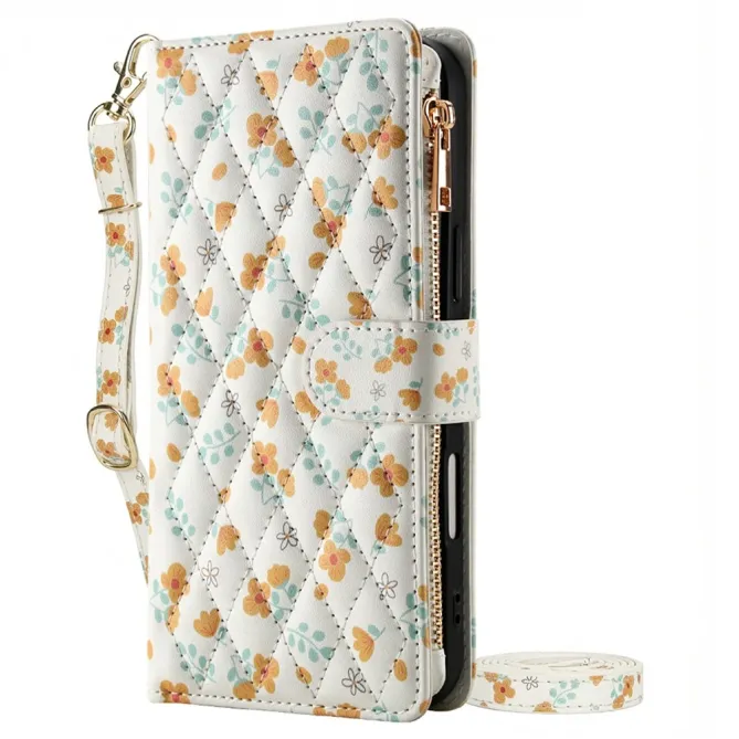 Housse iPhone 16 Plus motif floral matelassé zippée avec bandoulière