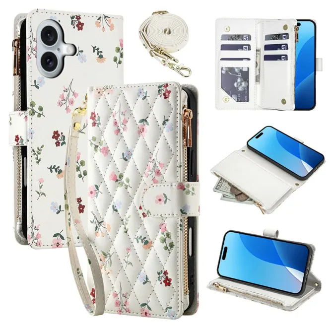 Housse iPhone 16 Plus fleurs sauvages matelassé zippée avec bandoulière