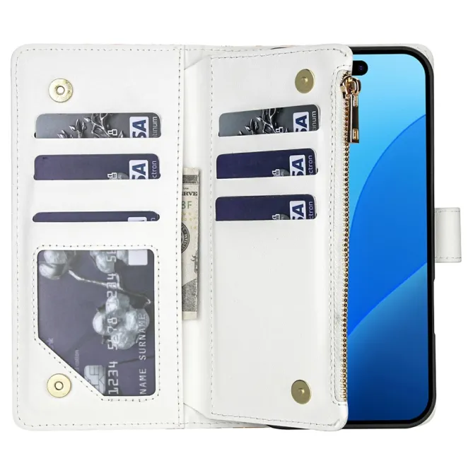 Housse iPhone 16 Plus fleurs sauvages matelassé zippée avec bandoulière