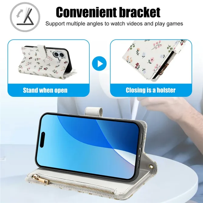 Housse iPhone 16 Plus fleurs sauvages matelassé zippée avec bandoulière