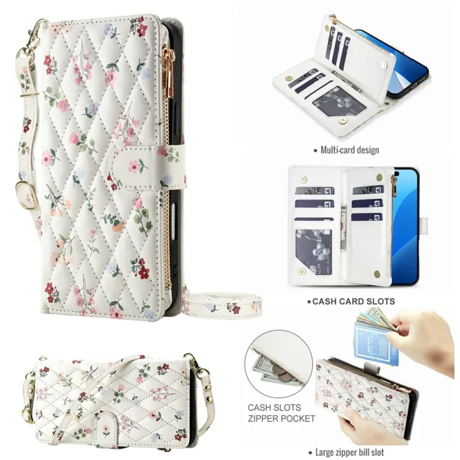 Housse iPhone 16 Plus fleurs sauvages matelassé zippée avec bandoulière