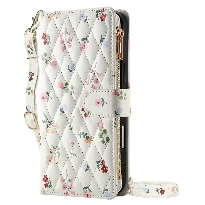 Housse iPhone 16 Plus fleurs sauvages matelassé zippée avec bandoulière