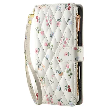 Housse iPhone 16 Plus fleurs sauvages matelassé zippée avec bandoulière