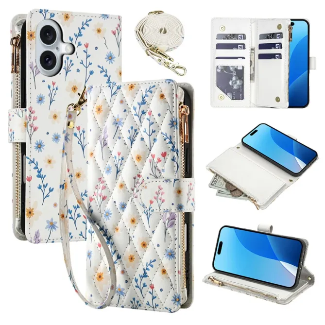Housse iPhone 16 Plus marguerites bleues matelassé zippée avec bandoulière