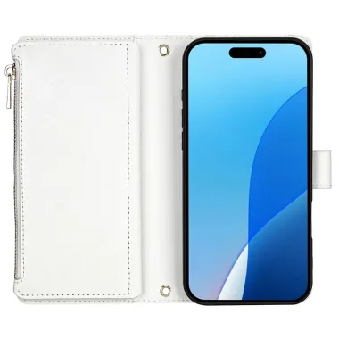 Housse iPhone 16 Plus marguerites bleues matelassé zippée avec bandoulière