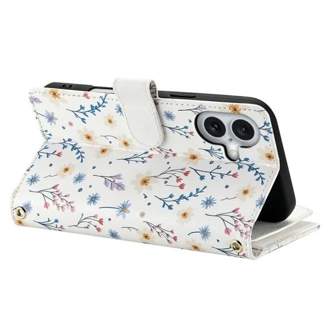 Housse iPhone 16 Plus marguerites bleues matelassé zippée avec bandoulière