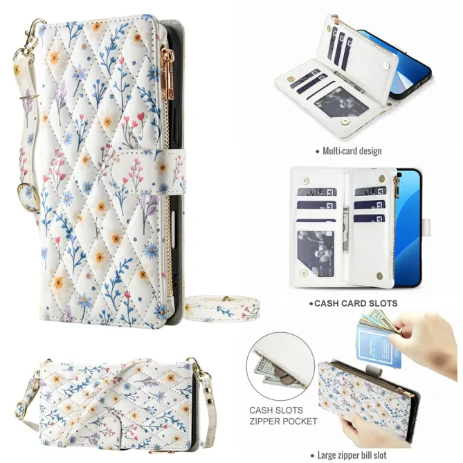 Housse iPhone 16 Plus marguerites bleues matelassé zippée avec bandoulière