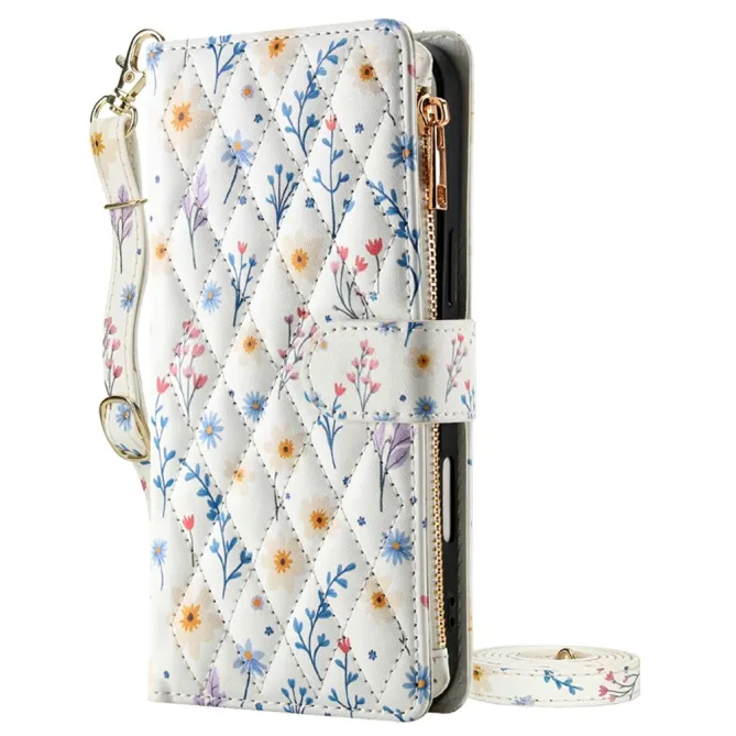 Housse iPhone 16 Plus marguerites bleues matelassé zippée avec bandoulière
